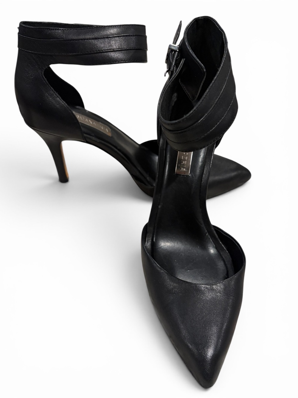 Vintage BCBGMaxAzria Black leather d’Orsay‎  Pointed Ankle-Strap Pumps
